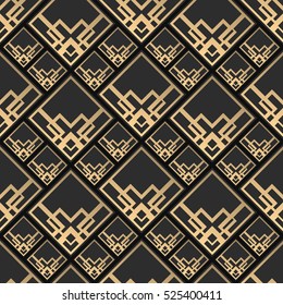 Seamless pattern in Art Deco style. Black and golden tilework. 3d effect ceramic tiles. Luxury background.