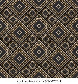 Seamless pattern in Art Deco style. Black and golden tilework. 3d effect ceramic tiles. Luxury background