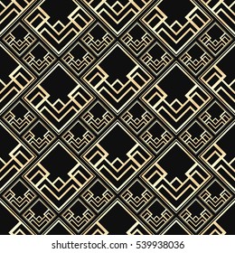Seamless pattern in Art Deco style. Black and golden tilework. Geometric tiles. Luxury background