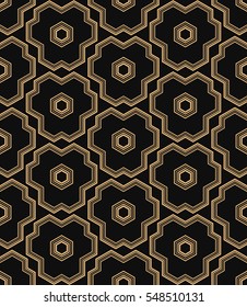 Seamless pattern in Art Deco style. Black and golden tilework. Hexagonal luxury background. Striped print.