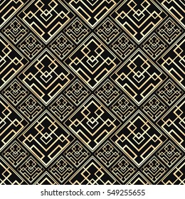 Seamless pattern in Art Deco style. Black and golden tilework. 3d effect ceramic tiles. Luxury background.