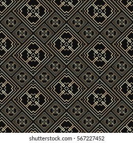 Seamless pattern in Art Deco style. Black and golden tilework. Diamond tiles. Luxury background