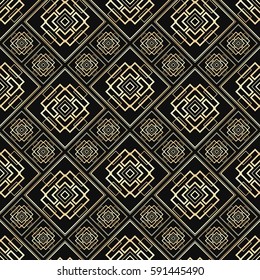 Seamless pattern in Art Deco style. Black and golden tilework. Diamond tiles. Luxury background.