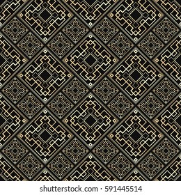 Seamless pattern in Art Deco style. Black and golden tilework. Diamond tiles. Luxury background.