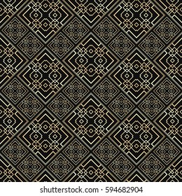 Seamless pattern in Art Deco style. Black and golden tilework. Diamond tiles. Luxury background.