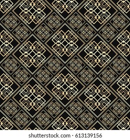 Seamless pattern in Art Deco style. Black and golden tilework. Diamond tiles. Luxury background.