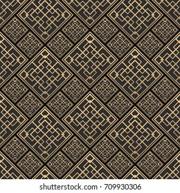 Seamless pattern in Art Deco style. Black and golden tilework. Diamond tiles. Luxury background.
