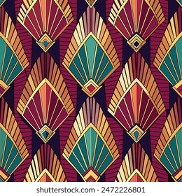 Seamless pattern of art deco-inspired geometric shapes in rich, jewel-toned colors, evoking the glamour vector clipart