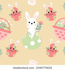 Padrão contínuo com elementos de design de arte e ovos de Páscoa coloridos.