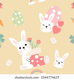 Seamless pattern with art design elements, and colorful Easter eggs.