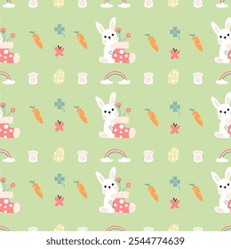 Seamless pattern with art design elements, and colorful Easter eggs.