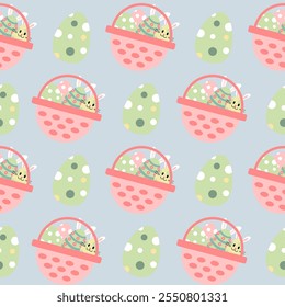 Padrão contínuo com elementos de design de arte e ovos de Páscoa coloridos.