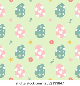 Seamless pattern with art design elements, and colorful Easter eggs.