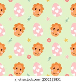 Padrão contínuo com elementos de design de arte e ovos de Páscoa coloridos.