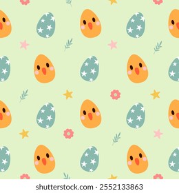 Seamless pattern with art design elements, and colorful Easter eggs.