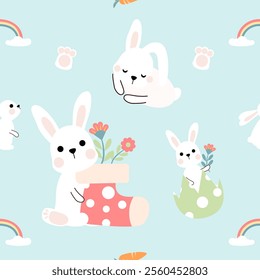 Seamless pattern with art design elements, and colorful Easter eggs.