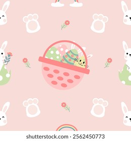 Seamless pattern with art design elements, and colorful Easter eggs.