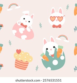 Seamless pattern with art design elements, and colorful Easter eggs.