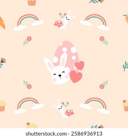 Seamless pattern with art design elements, and colorful Easter eggs.