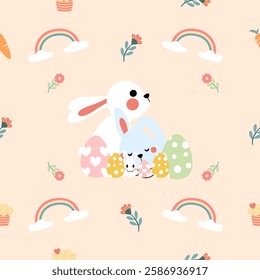 Seamless pattern with art design elements, and colorful Easter eggs.
