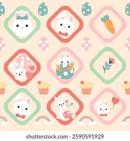 Seamless pattern with art design elements, and colorful Easter eggs.
