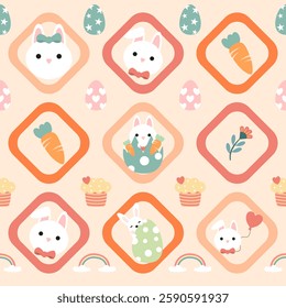 Seamless pattern with art design elements, and colorful Easter eggs.