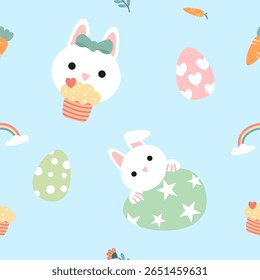 Seamless pattern with art design elements, and colorful Easter eggs.