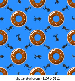 Seamless pattern art. Donut with chocolate glaze and black ant on blue background. Use for printing on textiles, t-shirt, greeting cards, wrapping paper, posters, fabric print. Vector illustration.