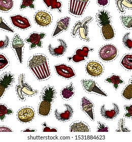 Seamless pattern.Pop art fashion chic patches, pins, badges and stickers on white background .Donuts, pop corn, roses, hearts, pineapple, raspberries, banana, lips and ice creams.