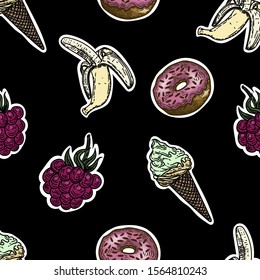 Seamless pattern.Pop art fashion chic patches, pins, badges and stickers on black background .Donuts ,raspberries, banana and ice creams on black background.