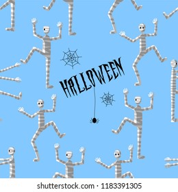 Seamless pattern art. Happy Halloween with Egyptian mummy and spiders in the dark on blue background. Use for printing on textiles, t-shirt, greeting cards, wrapping paper, posters, fabric print.  