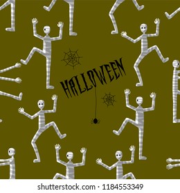 Seamless pattern art. Happy Halloween with Egyptian mummy and spiders in the dark on green background. Use for printing on textiles, t-shirt, greeting cards, wrapping paper, posters, fabric print. 