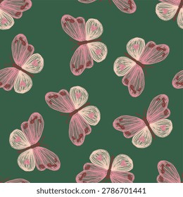 seamless pattern art line vector embroidery butterfly moth branches hearts green background