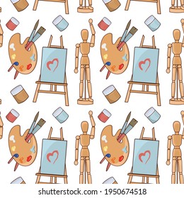 Seamless pattern with art materials. A puppet, a wooden doll on hinges, an easel and paints. Materials for art. Design element, layout, print, background.