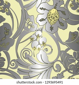 Seamless pattern Art Nouveau. Jugendstil. Modern background with flowers, leaves, berries and plexus of linear elements.  Wallpaper design, textiles, postal packaging.Vector illustration.