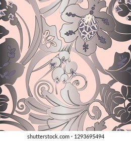 Seamless pattern Art Nouveau. Jugendstil. Modern background with flowers, leaves, berries and plexus of linear elements.  Wallpaper design, textiles, postal packaging.Vector illustration.