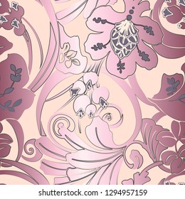 Seamless pattern Art Nouveau. Jugendstil. Modern background with flowers, leaves, berries and plexus of linear elements.  Wallpaper design, textiles, postal packaging.Vector illustration.