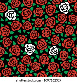 Seamless pattern with art nouveau roses: Red roses with green leaves and few white roses on black background