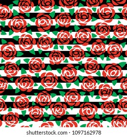 Seamless pattern with art nouveau roses: Red roses on striped white and black background