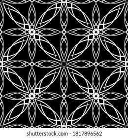 Patrón inmaculado en estilo Art Nouveau. Patrón geométrico complejo. Patrón blanco sobre fondo negro. Patrón de malla Para decorar tela, papel, papel pintado y embalaje.