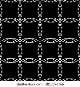 Patrón inmaculado en estilo Art Nouveau. Patrón geométrico complejo. Patrón blanco sobre fondo negro. Patrón de malla Para decorar tela, papel, papel pintado y embalaje.