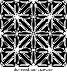 Nahtloses Muster im Jugendstil. Komplexes geometrisches Muster. Weißes Muster auf schwarzem Hintergrund. Mesh-Muster. Zum Dekorieren von Stoffen, Papier, Tapeten und Verpackungen.