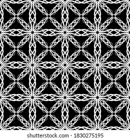 Nahtloses Muster im Jugendstil. Komplexes geometrisches Muster. Weißes Muster auf schwarzem Hintergrund. Mesh-Muster Zur Dekoration von Stoffen, Papier, Tapeten und Verpackungen.