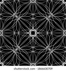 Patrón inmaculado en estilo Art Nouveau. Patrón geométrico complejo. Patrón blanco sobre fondo negro. Patrón de malla. Para la decoración de tejidos, papel, tapiz y embalaje.