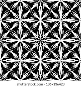 Patrón inmaculado en estilo Art Nouveau. Patrón geométrico complejo. Patrón blanco sobre fondo negro. Patrón de malla Para decorar tela, papel, papel pintado y embalaje.