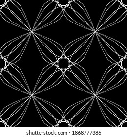 Patrón inmaculado en estilo Art Nouveau. Patrón geométrico complejo. Patrón blanco sobre fondo negro. Patrón de malla. Para la decoración de tejidos, papel, tapiz y embalaje.