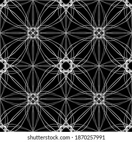 Patrón inmaculado en estilo Art Nouveau. Patrón geométrico complejo. Patrón blanco sobre fondo negro. Patrón de malla. Para la decoración de tejidos, papel, tapiz y embalaje.