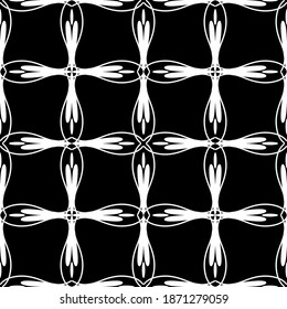 Seamless pattern in art Nouveau style. Complex geometric pattern. White pattern on a black background. Mesh pattern For decorating fabric, paper, Wallpaper, and packaging.