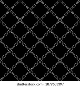 Patrón inmaculado en estilo Art Nouveau. Patrón geométrico complejo. Patrón blanco sobre fondo negro. Patrón de malla. Para la decoración de tejidos, papel, tapiz y embalaje.
