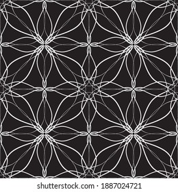 Patrón inmaculado en estilo Art Nouveau. Patrón geométrico complejo. Patrón blanco en un fondo negro. Patrón de malla. Para la decoración de tejidos, papel, tapiz y embalaje.